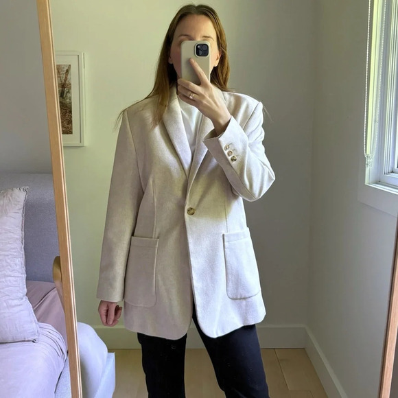 Mango Wool Blend Long Oversized Blazer Light Beige Oatmeal Size M Shoulder  Pads - Picture 3 of 9